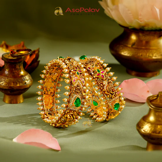 22K Gold Bridal Bangles with Emerald & Pearl Elegance